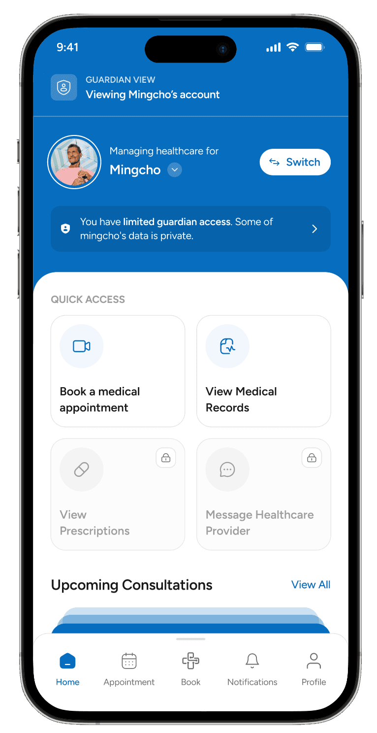 Guardian view in the e-upachar app, managing a family member's care