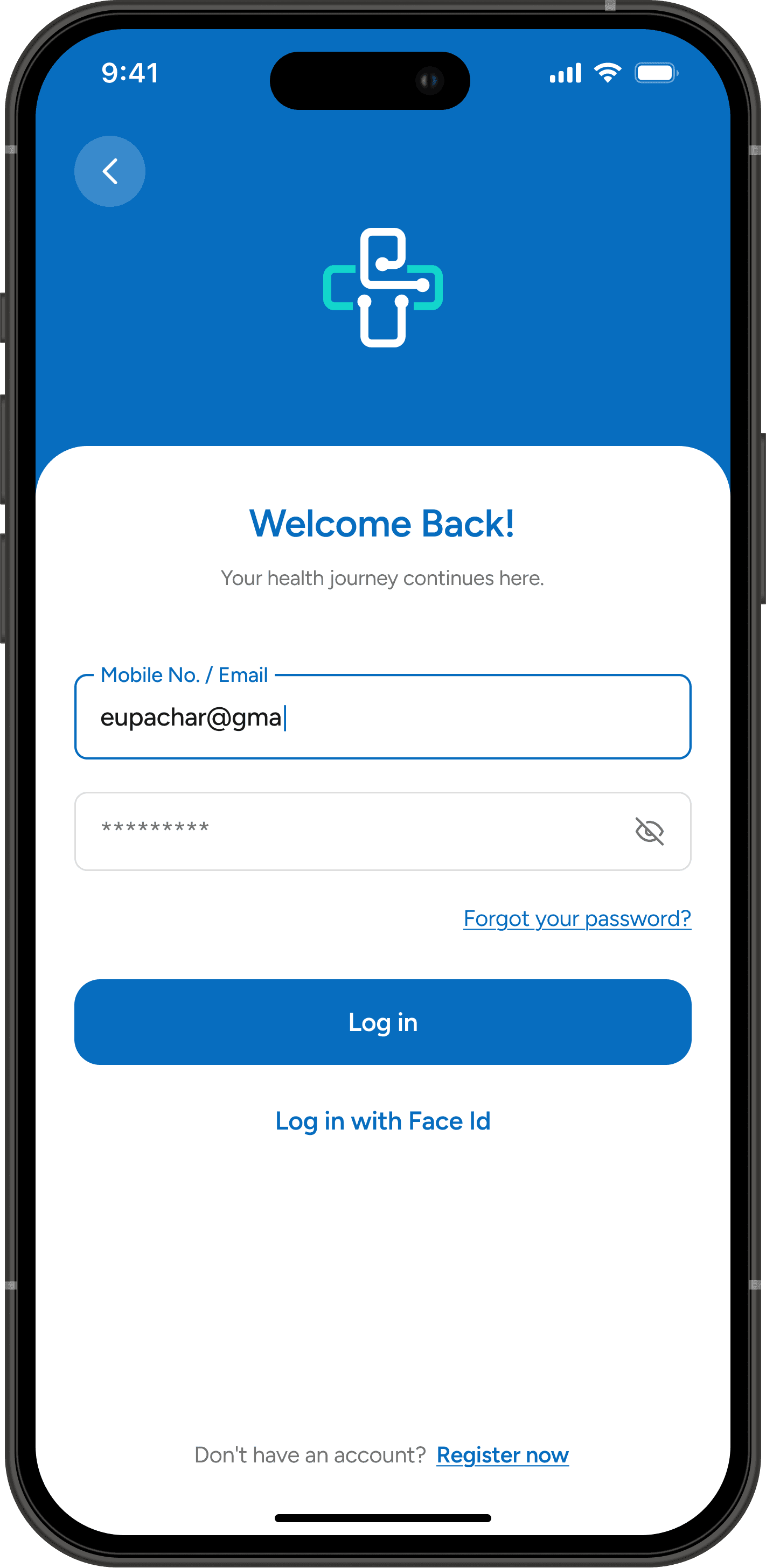 The e-upachar app's login screen on a phone